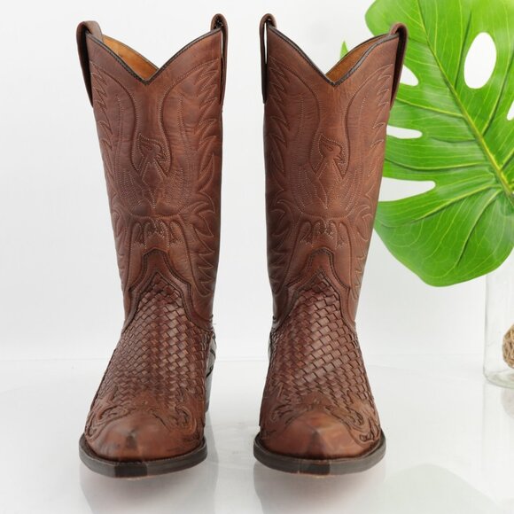 Sendra Mens Cowboy Boots Size 7 Brown Leather Embroidered Woven Snip Toe Western - Picture 2 of 16